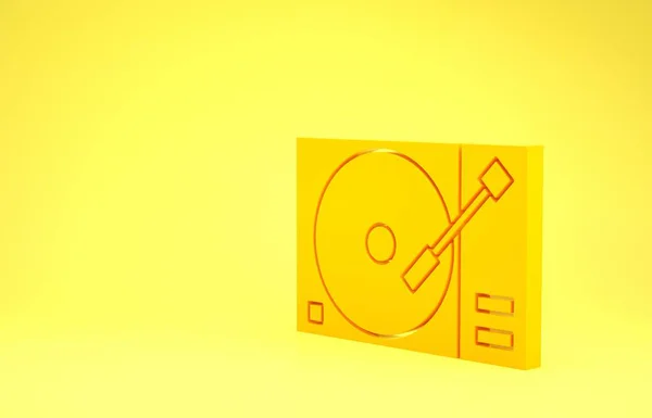 Желтый виниловый проигрыватель с иконкой винилового диска на желтом фоне. Концепция минимализма. 3D-рендеринг — стоковое фото