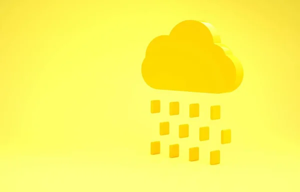 Nuage jaune avec icône de pluie isolée sur fond jaune. Précipitation de nuages de pluie avec gouttes de pluie. Concept de minimalisme. Illustration 3D rendu 3D — Photo