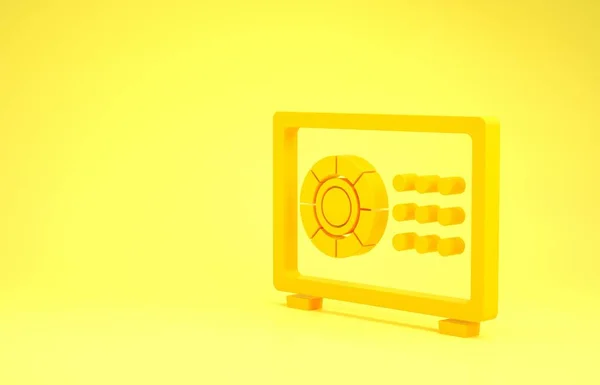 Icono amarillo seguro aislado sobre fondo amarillo. La puerta caja fuerte una bóveda del banco con una cerradura combinada. Protección de datos fiable. Concepto minimalista. 3D ilustración 3D render — Foto de Stock