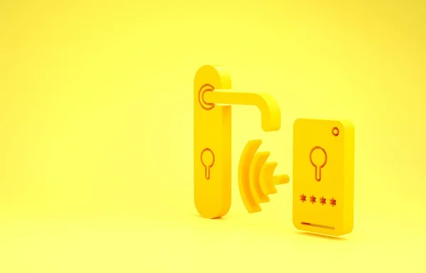 Yellow Digital door lock with wireless technology for unlock icon isolated on yellow background. Door handle sign. Security smart home. Minimalism concept. 3d illustration 3D render — 스톡 사진