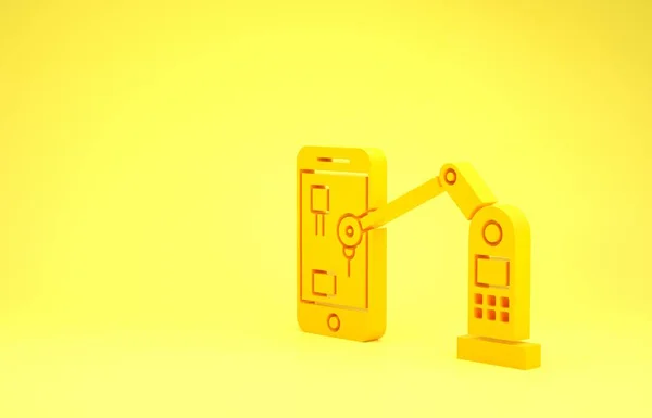 Žlutá Průmyslový stroj robot rameno ruku na mobilní telefon ikonu izolované na žlutém pozadí. Manipulátor s roboty. Minimalismus. 3D ilustrace 3D vykreslení — Stock fotografie