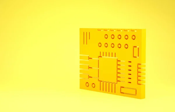 Yellow Printed circuit board PCB icon isolated on yellow background. Minimalism concept. 3d illustration 3D render — Stock Photo, Image