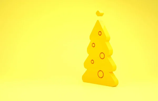 Yellow Christmas tree with decorations icon isolated on yellow background. Merry Christmas and Happy New Year. Minimalism concept. 3d illustration 3D render — Stock Photo, Image