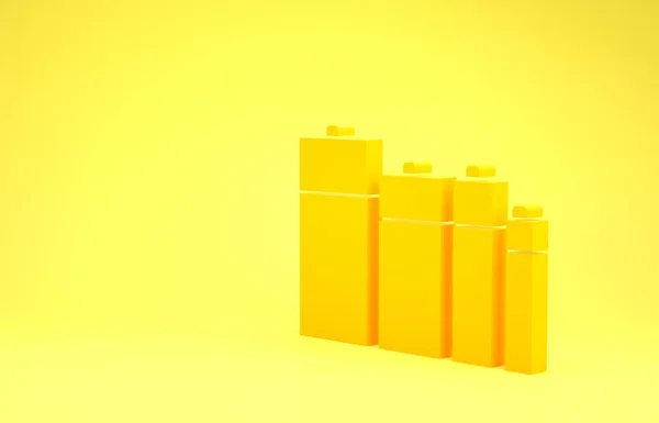 黄色のバッテリーアイコンは黄色の背景に隔離されています。稲妻のシンボル。最小限の概念。3Dイラスト3Dレンダリング — ストック写真