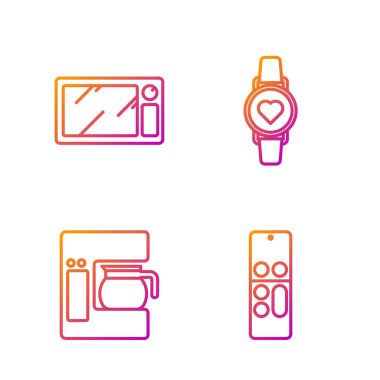 Uzaktan kumanda, cam tencereli kahve makinesi, mikrodalga fırın ve kalp atışlarını gösteren akıllı saat. Renk simgeleri. Vektör