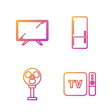 Hat TV alıcısı ve uzaktan kumandalı oyuncu, elektrikli fan, akıllı televizyon ve buzdolabı ayarlayın. Renk simgeleri. Vektör