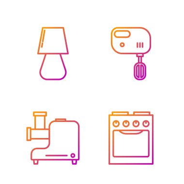 Fırın, mutfak kıyma makinesi, masa lambası ve elektrikli mikser. Renk simgeleri. Vektör