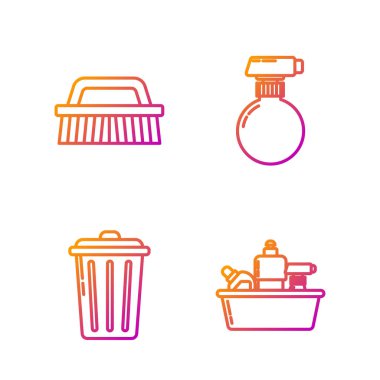 Plastik şişeleri sıvı bulaşık deterjanı, çöp tenekesi temizlik ve temizlik spreyi şişesi ve deterjan için ayarla. Renk simgeleri. Vektör