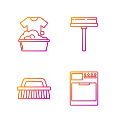 Çamaşır makinesi, temizlik fırçası, sabun köpüklü plastik leğen ve silecek. Renk simgeleri. Vektör