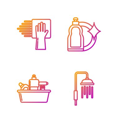 Su damlaları akan duş başlığını, sıvı bulaşık suyu için plastik şişeleri, temizlik servisini ve sıvı bulaşık deterjanı için plastik şişeleri ayarla. Renk simgeleri. Vektör