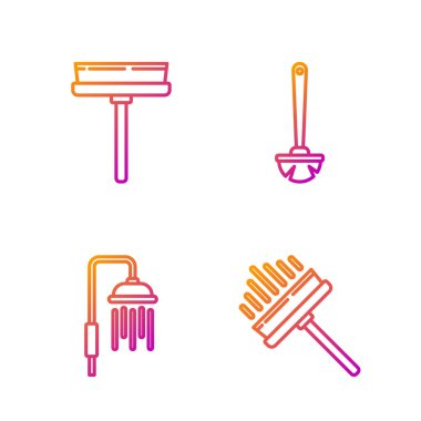 Silecek, kazıyıcı, silecek, su damlaları akan duş başlığı, silecek, silecek ve tuvalet fırçasını ayarla. Renk simgeleri. Vektör