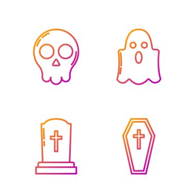 Tabut ve Hıristiyan haçı, Tombstone ve Haç, Kurukafa ve Hayalet. Renk simgeleri. Vektör