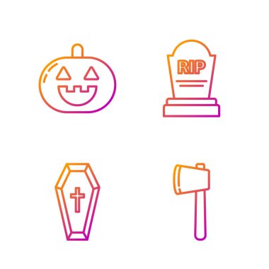 Ahşap balta, Hristiyan haçı ile Tabut, Rip ile Balkabağı ve Tombstone. Renk simgeleri. Vektör