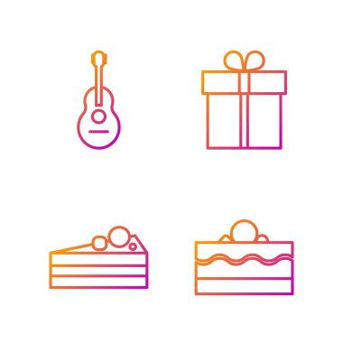 Pasta, Kek, Gitar ve Hediye Kutusu 'nu ayarla. Renk simgeleri. Vektör