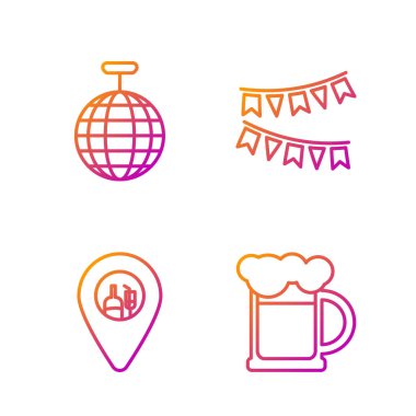 Çizgi, tahta bira kupası, alkol ya da bira barı mekanı, disko topu ve bayraklı karnaval çelengi. Renk simgeleri. Vektör