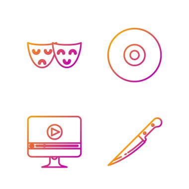 Set line Knife, Online Play Video, Komedi ve Trajik Maskeler ve CD veya DVD. Renk simgeleri. Vektör