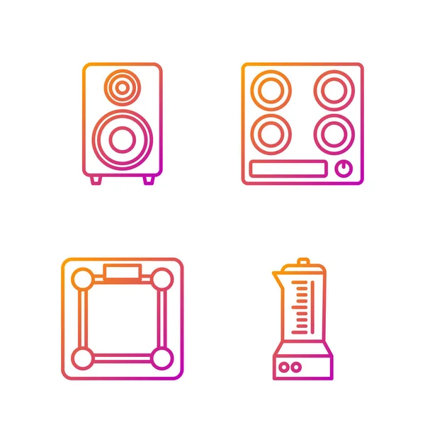 Set line Blender , Bathroom scales , Stereo speaker and Gas stove . Gradient color icons. Vector — Stock Vector