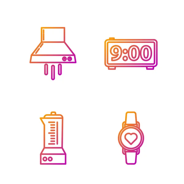 Hattı ayarlayın. Kalp atışlarını gösteren akıllı saat, blender, mutfak vantilatörü ve dijital alarm saati. Renk simgeleri. Vektör — Stok Vektör