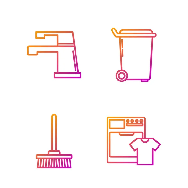 Set line Lavadora y camiseta, fregona, grifo de agua y bote de basura. Iconos de color degradado. Vector — Archivo Imágenes Vectoriales