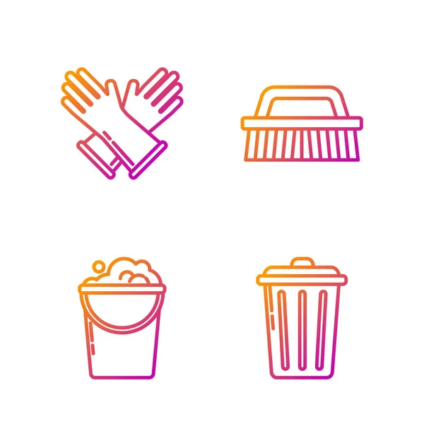 Set line Trash can , Bucket with foam and bubbles , Rubber gloves and Brush for cleaning . Gradient color icons. Vector — 스톡 벡터