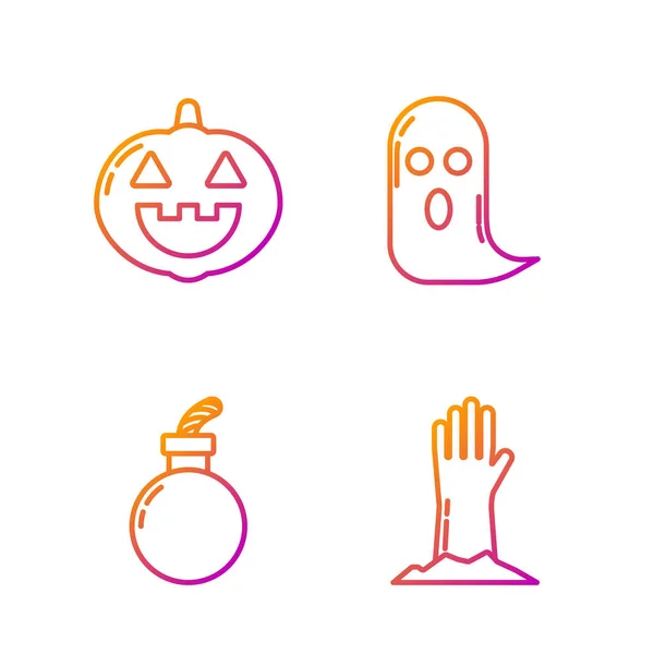 Establecer línea Zombie mano, Bomba listo para explotar, Calabaza y Fantasma. Iconos de color degradado. Vector — Vector de stock