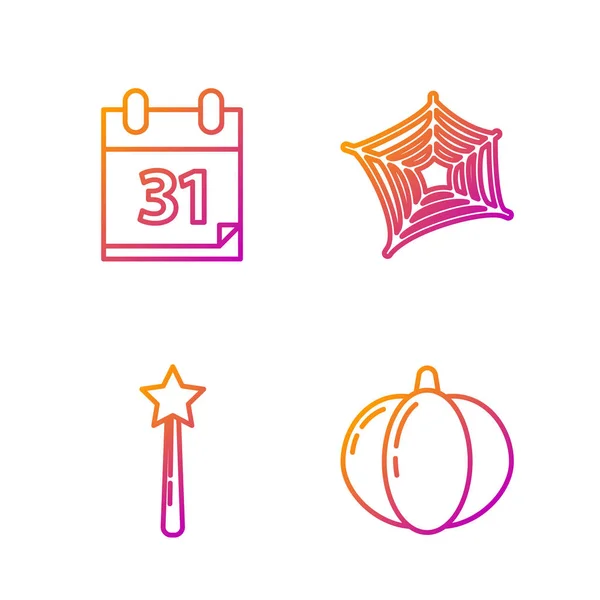 Set Line Kürbis, Zauberstab, Kalender mit Halloween-Datum 31. Oktober und Spinnennetz. Farbverlauf-Symbole. Vektor — Stockvektor