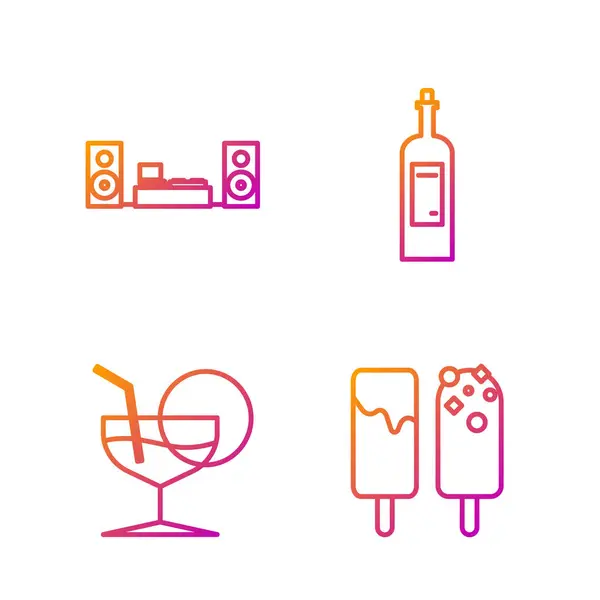 Set line Crème glacée, verre Martini, Home stéréo avec deux haut-parleurs et bouteille de vin. Icônes de couleurs dégradées. Vecteur — Image vectorielle