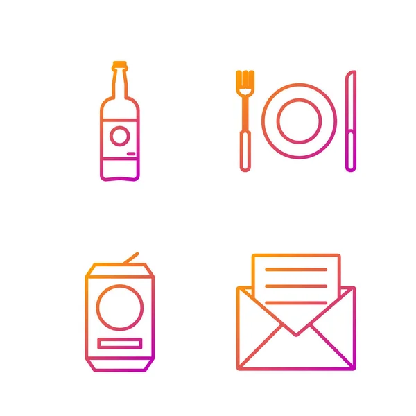 Set line Enveloppe avec carte d'invitation, boîte de bière, bouteille de bière et assiette, fourchette et couteau. Icônes de couleurs dégradées. Vecteur — Image vectorielle