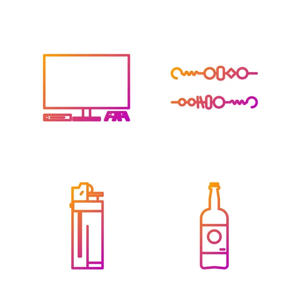 Beállítás vonal sörösüveg, könnyebb, videojáték konzol és grillezett shish kebab. Gradient színes ikonok. Vektor — Stock Vector
