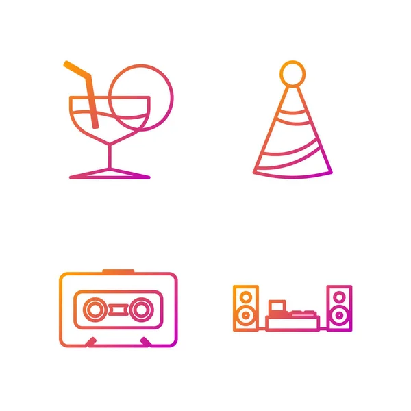 Definir linha Home estéreo com dois alto-falantes, fita cassete de áudio retro, vidro Martini e chapéu de festa. Ícones de cores gradientes. Vetor —  Vetores de Stock