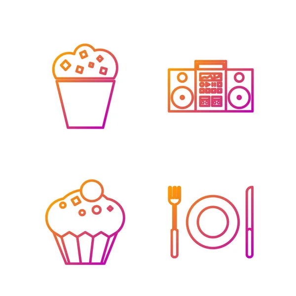 Set line Bord, vork en mes, Muffin, Popcorn in kartonnen doos en Home stereo met twee luidsprekers. Gradiënt kleurpictogrammen. Vector — Stockvector