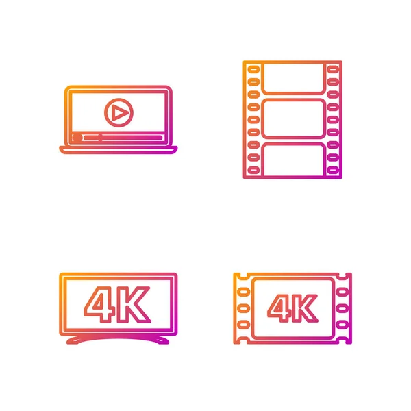 Réglez le film 4k en ligne, la bande, le cadre, la télévision à écran avec la technologie vidéo Ultra HD 4k, la lecture vidéo en ligne et la lecture vidéo. Icônes de couleurs dégradées. Vecteur — Image vectorielle