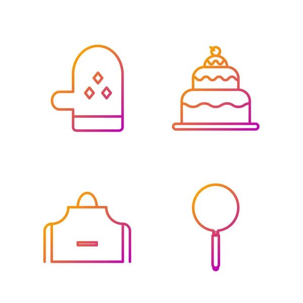 Set line Sartén, Delantal de cocina, Guante de horno y Pastel. Iconos de color degradado. Vector — Vector de stock