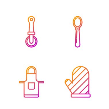 Fırın eldiveni, mutfak önlüğü, pizza bıçağı ve kaşık. Renk simgeleri. Vektör