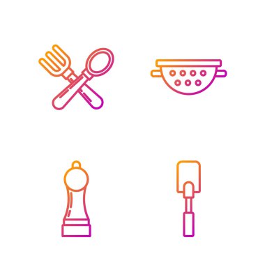 Çizgi Spatula, Pepper, çapraz çatal, kaşık ve mutfak süzgeci. Renk simgeleri. Vektör