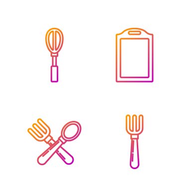Set hattı Fork, çapraz çatal ve kaşık, mutfak çırpma ve kesme tahtası. Renk simgeleri. Vektör