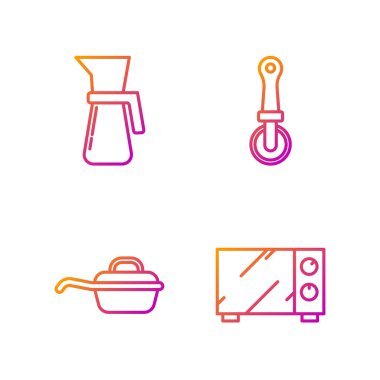 Hattı ayarla, mikrodalga fırın, kızartma tavası, ölçü kabı ve pizza bıçağı. Renk simgeleri. Vektör