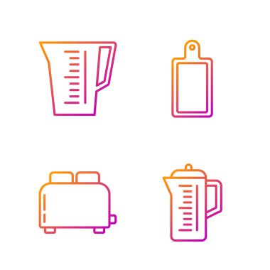 Çaydanlık, tostlu tost makinesi, ölçü kabı ve kesim tahtası. Renk simgeleri. Vektör