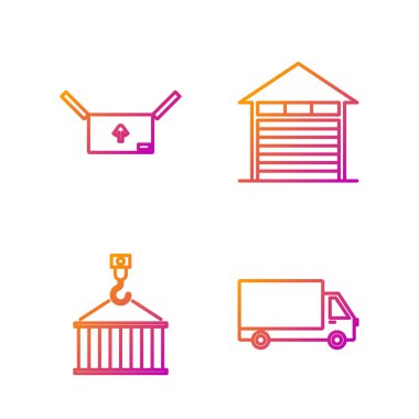 Hat teslimat aracı, vinçte konteyner, trafik sembollü karton kutu ve kapalı depo. Renk simgeleri. Vektör