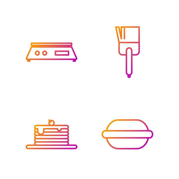 Set line Galleta Macaron, Pila de panqueques, Básculas electrónicas y Cepillo de cocina. Iconos de color degradado. Vector — Vector de stock