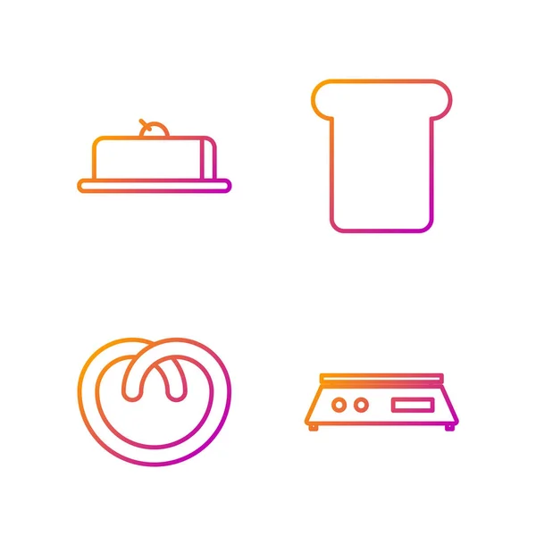 Elektronische Waage, Brezel, Erdbeerkuchenscheibe und Toast. Farbverlauf-Symbole. Vektor — Stockvektor