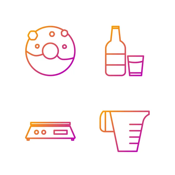 Set line Copa de medición, Balanzas electrónicas, Donut con glaseado dulce y Botella de vidrio con leche y vidrio. Iconos de color degradado. Vector — Vector de stock