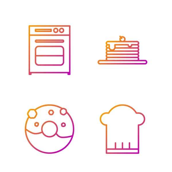 Set línea Chef hat, Donut con glaseado dulce, Horno y Pila de panqueques. Iconos de color degradado. Vector — Vector de stock