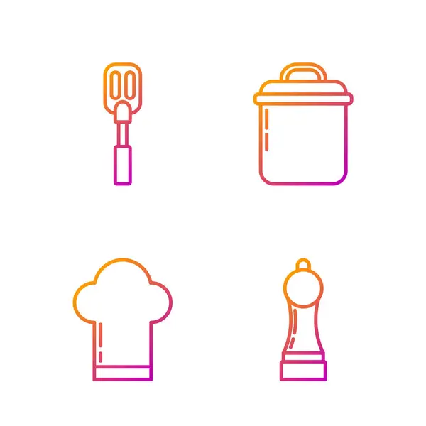Set-Line Pfeffer, Kochmütze, Spachtel und Kochtopf. Farbverlauf-Symbole. Vektor — Stockvektor