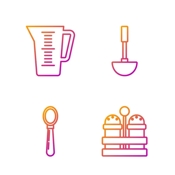 Set line Sal y pimienta, cuchara, taza de medir y cuchara de cocina. Iconos de color degradado. Vector — Vector de stock