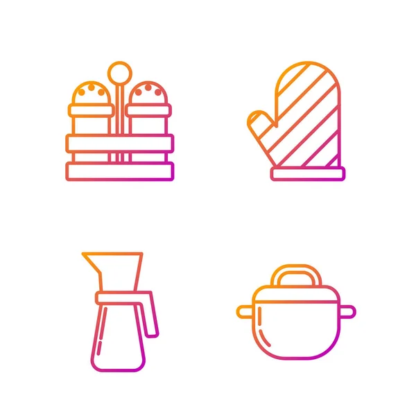 Definir linha Panela de cozinha, Copo de medição, Sal e pimenta e luva de forno. Ícones de cores gradientes. Vetor — Vetor de Stock