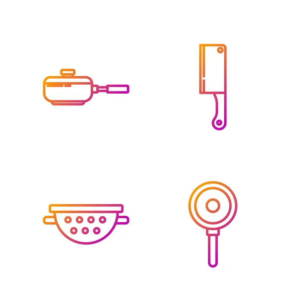 Définir la ligne Poêle à frire, passoire de cuisine, poêle et hachoir à viande. Icônes de couleurs dégradées. Vecteur — Image vectorielle