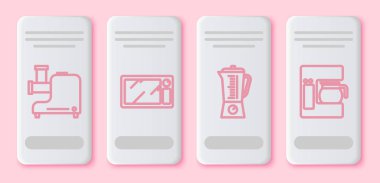 Mutfak kıyma makinesi, mikrodalga fırın, karıştırıcı ve cam demlik ile kahve makinesi ayarlayın. Beyaz dikdörtgen düğme. Vektör