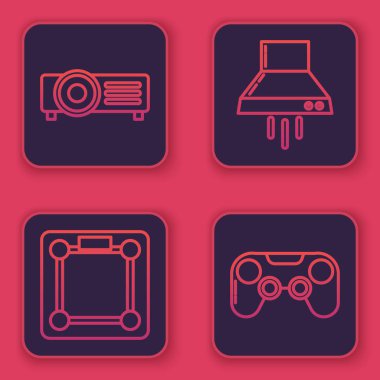 Set hattı sunumu, film, film, medya projektörü, banyo terazisi, mutfak sökücü fanı ve Gamepad. Mavi kare düğme. Vektör