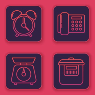 Alarm saatini, teraziyi, telefonu ve düdüklü tencereyi ayarla. Mavi kare düğme. Vektör